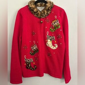 Heirloom Collectibles Women’s Small Red Ugly Christmas Sweater Faux Fur Collar
